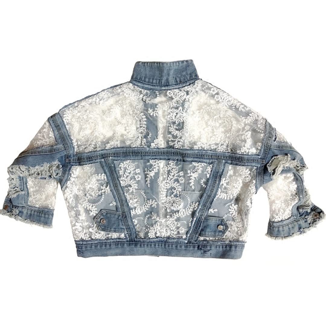 Women Lace Hook Flower Hollow Patchwork Frayed Edges Hole Denim